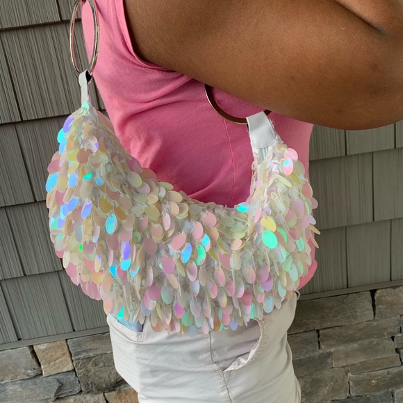 Mini Sparkly Sequined Hoop Strap Hobo Shoulder Bag - Picture 12 of 13
